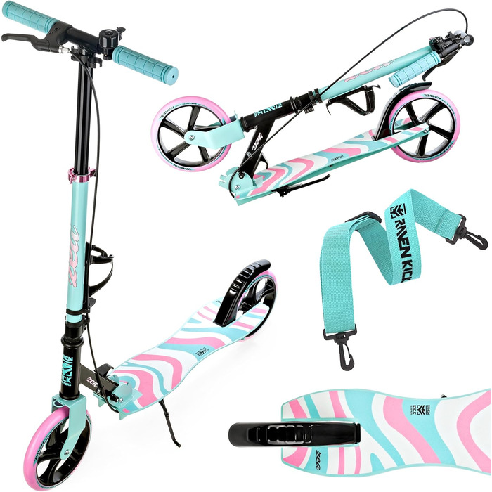 Самокат Raven Zea Mint/Pink для дорослих і дітей, складний, 200 мм, з ручним гальмом, дзвіночком і тримачем для пляшки, міський кік-скутер