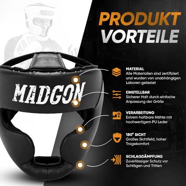 MADGON Преміум захисний шолом для боксу та MMA, з максимальним захистом і оглядом, чорний/білий, розмір M