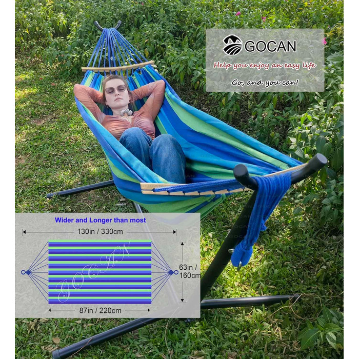 Гаммак GOCAN XXL для 2 осіб, 220x150 см, 330 см загальна довжина, 300 кг, бавовна, для відпочинку на природі, в саду, в приміщенні, для дітей, на балкон, сірий в смужку (Blau9)