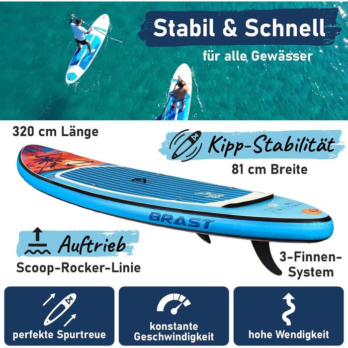 Надувний SUP-борд BRST Tropic | Комплект для станд-ап паддлбордингу | 320x81x15 см | 6 дизайнів | 5 років гарантії | з аксесуарами | 2-в-1: SUP та каяк | кріплення для Action Cam, фіксатор для ноги, насос, рюкзак (Sunset)
