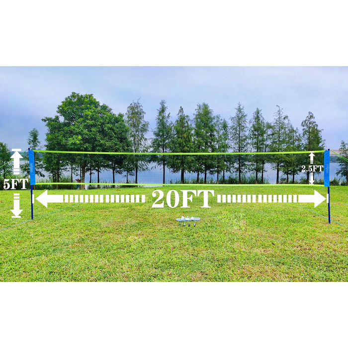 Набір для бадмінтону Zdgao для двору: портативна сітка з лебідкою, 4 алюмінієві ракетки, 3 волани, розмітка та сумка для перенесення (Синьо-Зелений)