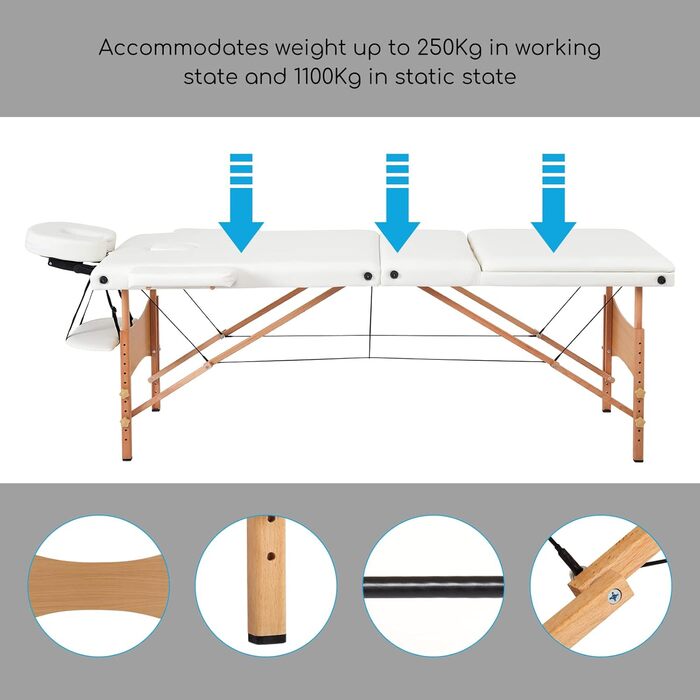 Мобільна массажна кушетка Mondeer, складана терапевтична кушетка, легкий масажний стіл, регульована висота, 3 зони (білий)