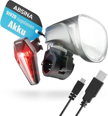 Набір велосипедних LED ліхтарів ABSINA, USB-зарядка, 200 м, 100 Люкс, передній і задній, StVZO, акумуляторні