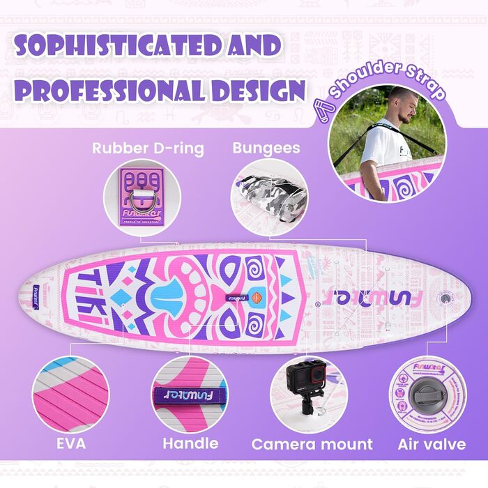 Надувний SUP Борд FunWater 10'6'-11'6' – для початківців та сімей, з антиковзким EVA-деком, веслом, насосом та аксесуарами (10'6-TIKI-Pink/Violett/Weiß)