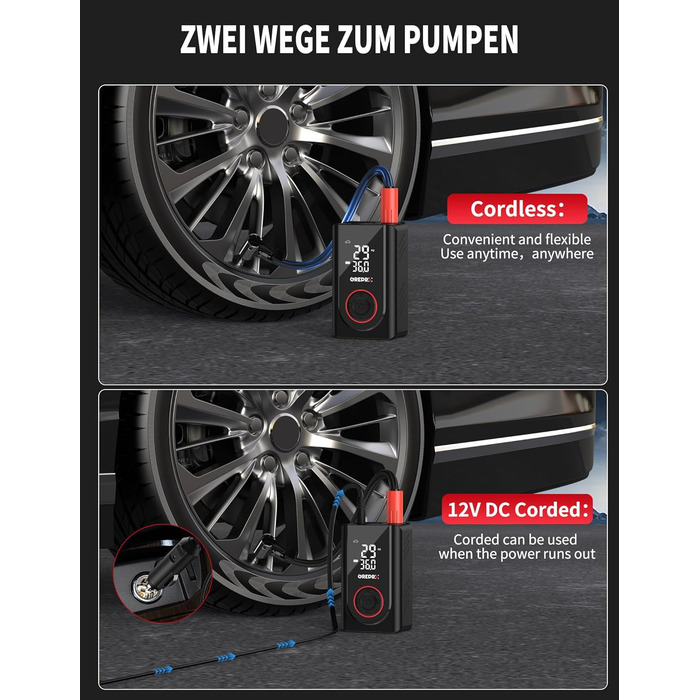 Електричний компресор GREPRO для авто, мото, велосипеда та м'ячів, 150 PSI, акумулятор 5000mAh, LED-ліхтар, цифровий манометр