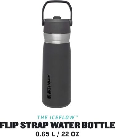 Термобутилка Stanley Iceflow Flip Straw з нержавіючої сталі, 0.65 л, з трубочкою, утримує холод 12+ годин, герметична, BPA Free, підходить для посудомийної машини, колір чорний