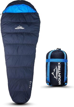 Сплячий мішок MOUNTREX® - ультралегкий, компактний (760г/1500г) - для кемпінгу, подорожей, фестивалів. 3-4 сезони, Mumienschlafsack, 1500г (RV Links). Темно-синій/синій.