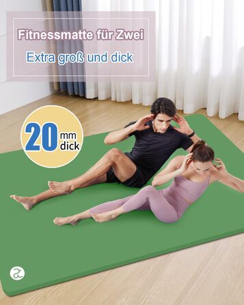Килимок для йоги XXL 200x130 см: фітнес-мат з NBR, товщина 20/15/10 мм. Підходить для йоги, фітнесу, занять з дітьми та для людей похилого віку. Зелений, товщина 20 мм
