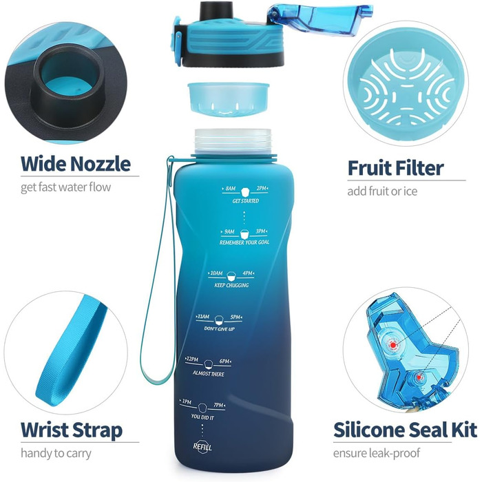 Дитяча спортивна пляшка для води 1500 мл, Tritan, без BPA, з маркуванням часу, витіканнями, для школи, спортзалу (темно-зелений/темно-синій)