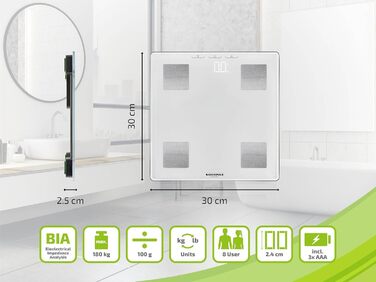 Розумні ваги Soehnle Shape Sense Connect Lite, аналіз складу тіла, з'єднання з додатком, вимірювання жиру, води, м'язової маси, LED-дисплей, білі