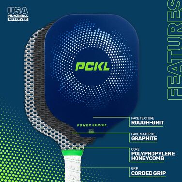 Професійна ракетка для піклболу PCKL Pro/Power Series, графіт-карбон, без бортиків, синя або біла, сертифікована USA Pickleball