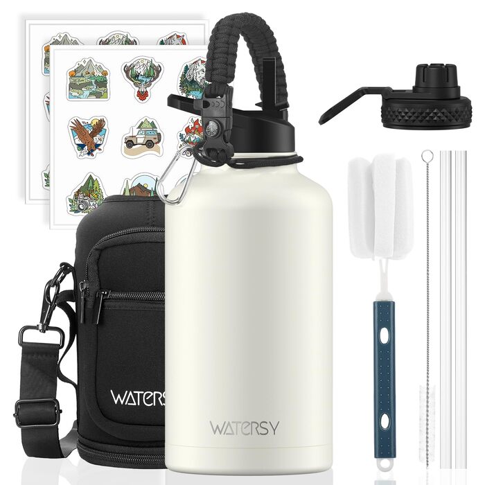 Термофляга WATERSY з нержавіючої сталі 1893 мл (40oz) з вакуумною ізоляцією та 2 кришками, герметична спортивна пляшка для води, бежева