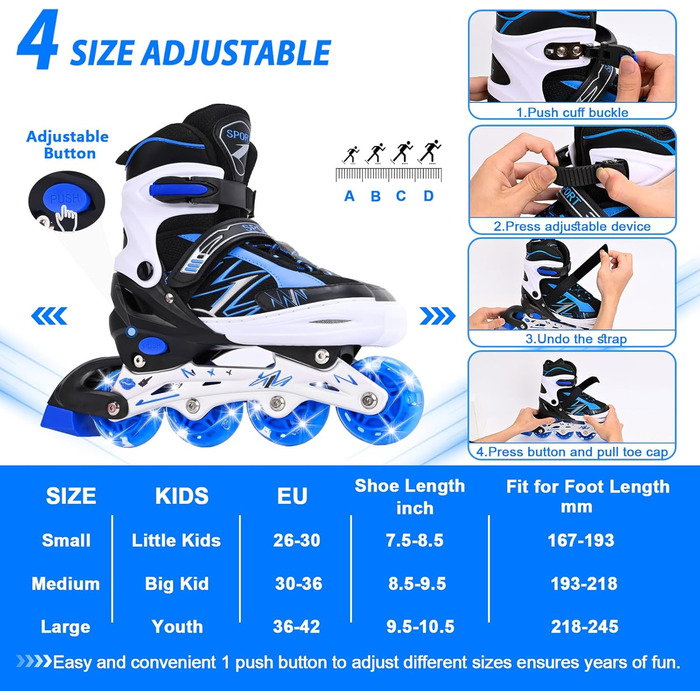 Регульовані дитячі ролики для катання на роликах, світлові колеса, чорно-синій колір, для хлопчиків та дівчаток