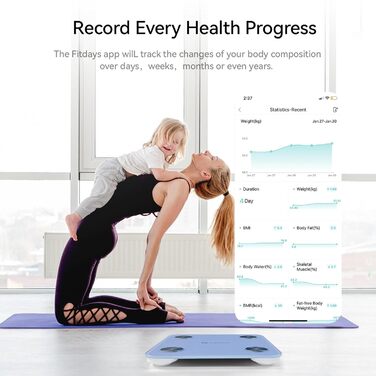 Вага Fitdays для тіла з аналізом складу, Bluetooth, 180 кг, аналіз жиру, BMI, м'язи, білок, BMR, блакитна