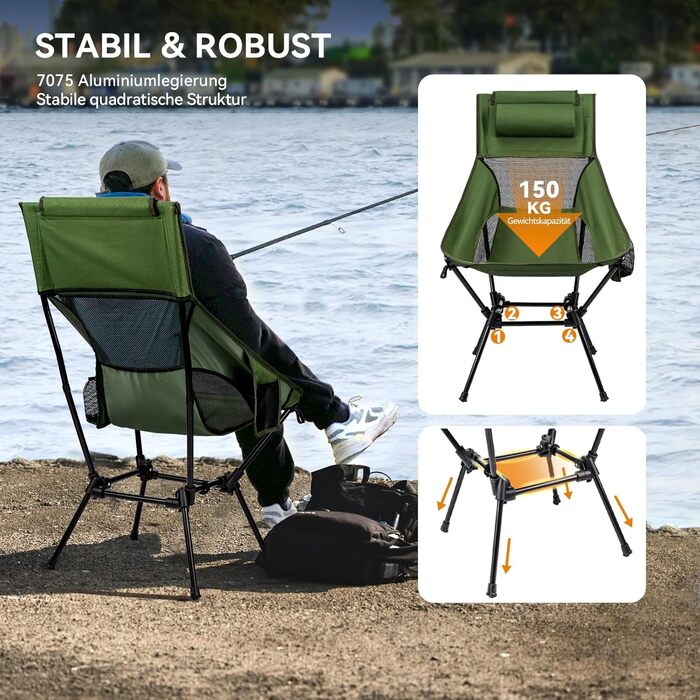 Крісло для кемпінгу Hochlehner, складне, 150 кг, ультралегке, портативне, з підголівником та двома кишенями, компактне рибальське крісло, для кемпінгу, пляжу, відпочинку на природі та піших прогулянок (колір: хакі)