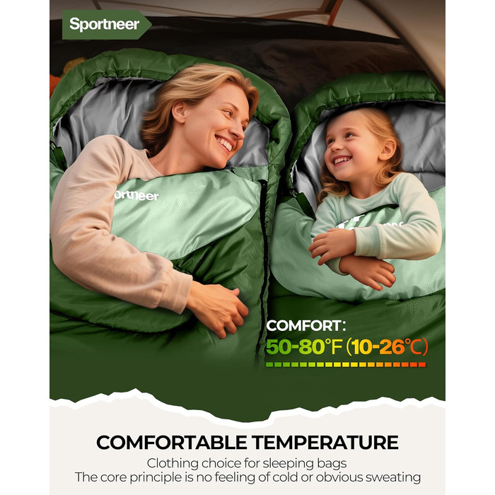 Сплячий мішок Outdoor Sportneer для дорослих та дітей - легкий спальний мішок для кемпінгу, піших прогулянок, 220x80 см, зелений + світло-зелений