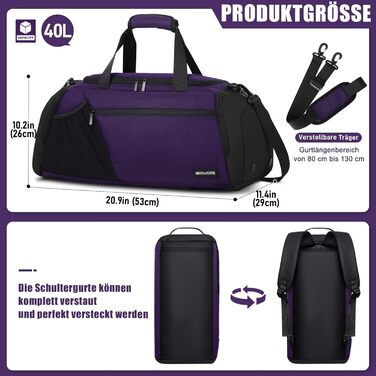 Спортивна сумка чоловіча 40L, рюкзак-трансформер з відділенням для взуття та мокрих речей, водонепроникна, для тренувань, подорожей, універсальна (фіолетовий)