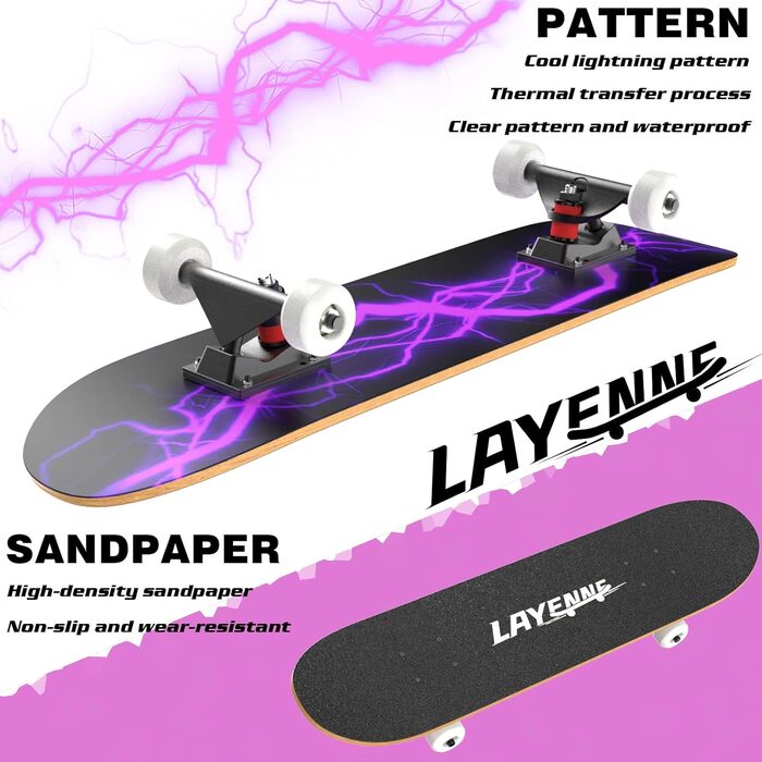 Скейтборд LAYENNE 31x8 дюймів, 7-шарова кленова дека, ABEC-11, для дорослих, дітей, підлітків, початківців, фіолетовий