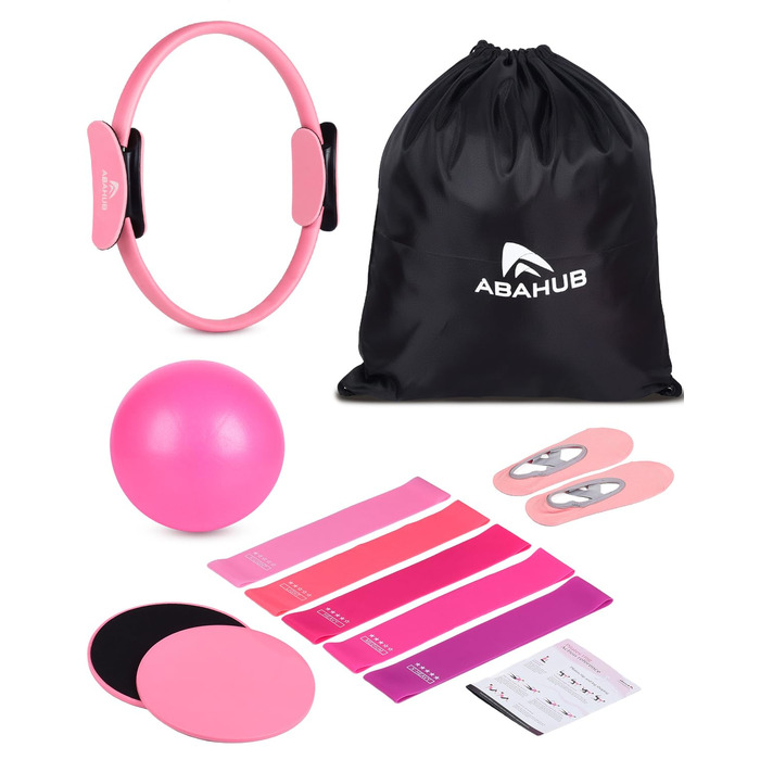 Набір для пілатесу Abahub: кільце 35 см, м'яч 25 см, 5 еластичних стрічок, шкарпетки для йоги, ковзаючі диски. Для жінок, домашні тренування, сила, гнучкість, стабільність та підтяжка тіла. Рожевий