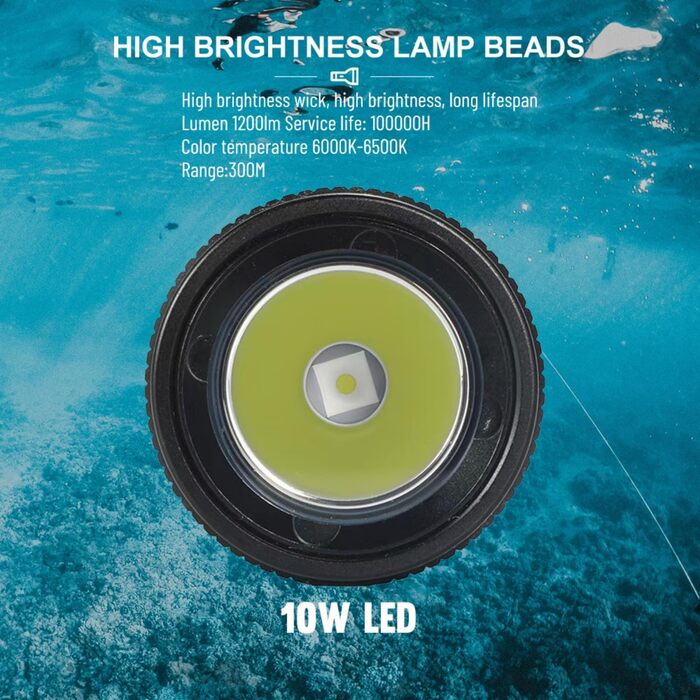 WindFire Перезаряджувана водонепроникна дайверська ліхтарик для дайвінгу та снорклінгу, 4 режими освітлення, індикатор заряду