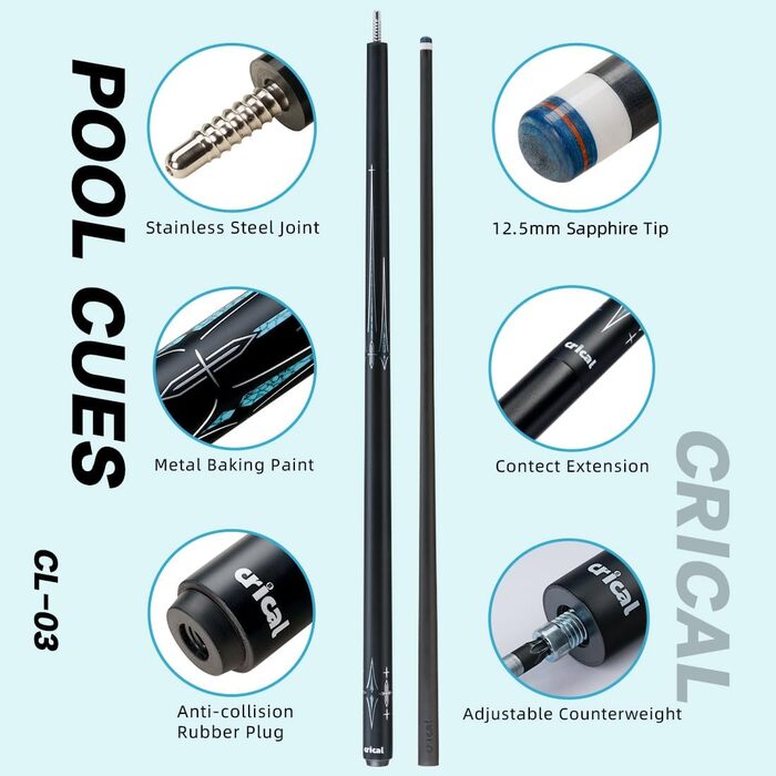 CRICAL Billardqueue з карбонового волокна, 12,5 мм наконечник, 147,3 см, професійний пул-стик для дорослих, повна карбонова технологія, низька деформація, комплект більярдних стиків