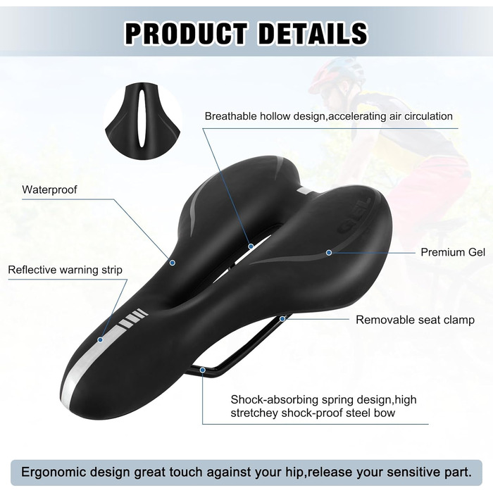 Велосипедне сідло ENJOHOS: водонепроникне, PU, для MTB, Trekking, Tour, шосе, чорний колір