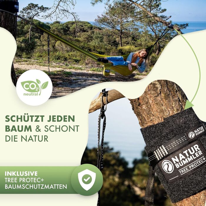 Гамак NATURBUMMLER® Outdoor з захистом для дерев [Tree Protec+] – 300x170 см, для 1-2 осіб – ультралегкий та вологостійкий – двошаровий гамак для кемпінгу, саду та відпочинку на природі (природний зелений колір)