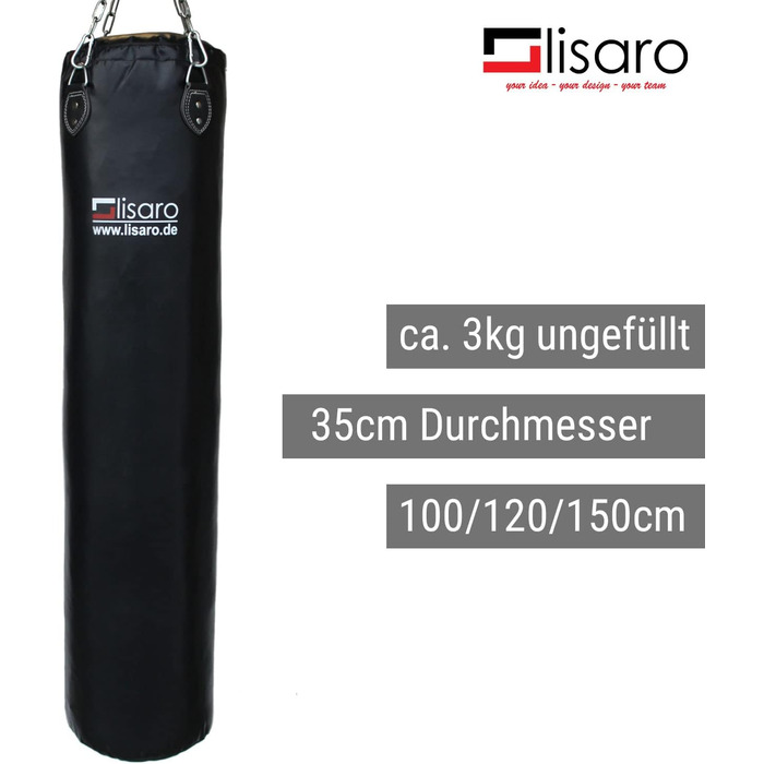 Боксерський мішок Lisaro Profi 150x35 см, штучна шкіра, порожній, для всіх видів спорту, з 4-точковим сталевим ланцюгом, студійна якість