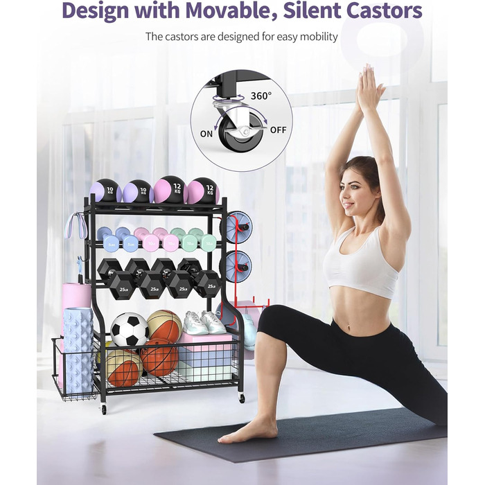 Стійка для гантелей та йога-матів ZACHVO – 160 кг, з 4 роликами та 8 гачками