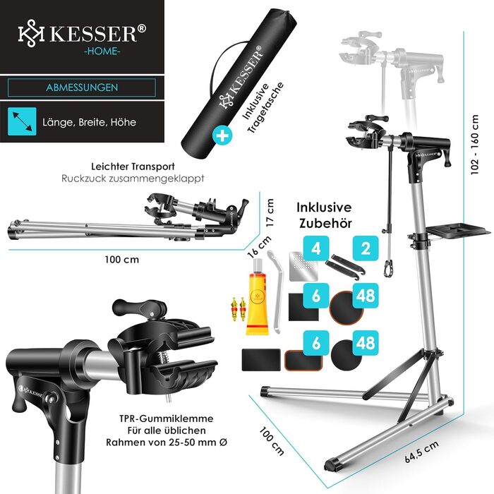 Підставка для збирання велосипедів KESSER® Profi Alu: міцна, 360° обертання, для гірських, електровелосипедів та ремонту. У комплекті сумка, ремкомплект та магнітна підставка для інструментів.