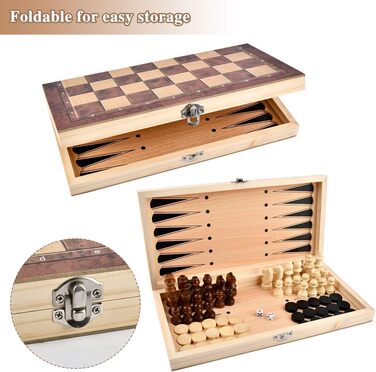 Шаховий набір дерев'яний 3 в 1, 29x29 см: шахи, шашки, шашки-кірпічі. Складаний, портативний, для подорожей, сім'ї, вечірок. Преміум якість.