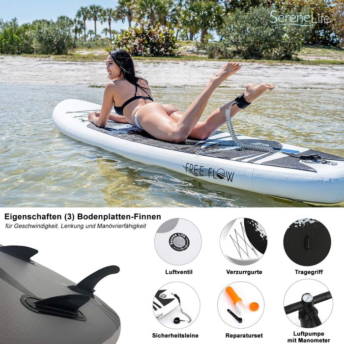 Надувна SUP-дошка SereneLife з повним комплектом аксесуарів: весло, насос, антиковзке покриття, рюкзак для перенесення, для дітей та дорослих, чорна та сіра