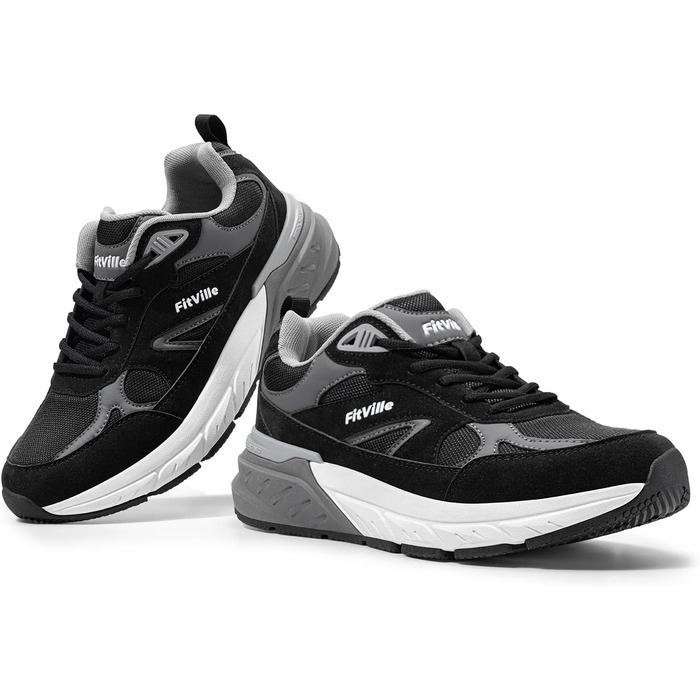 Кросівки FitVille для чоловіків, широкі, спортивні, з неслизькою підошвою, дихаючі, для бігу по вулицях, Outdoor, для джогінгу, фітнесу, зручні, для широкої стопи, 40 EU, X-широкі, чорні з сірим кольором
