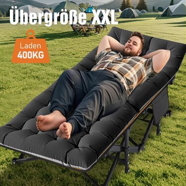 Велике розкладне ліжко з матрацом – 198x81x46 см, 400 кг, сталевий каркас, оксфордська тканина, для дорослих, сад, подорожі (XXL Чорний)