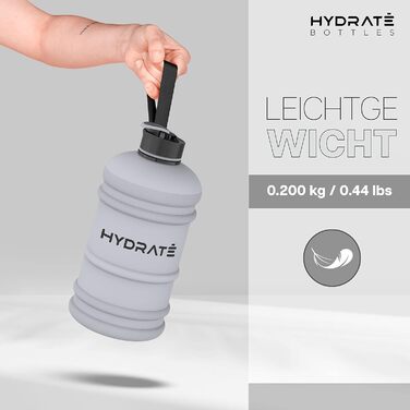 Фляга для води HYDRATE XL 2,2 л - для спортзалу, спорту та подорожей, без BPA, витривала, сіра, 2200 мл
