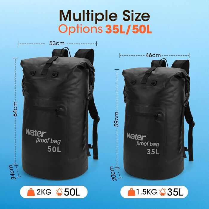 Водонепроникний рюкзак Weldun 35L/50L Rolltop Dry Bag з IPX8 чохлом для телефону, для каякінгу, кану, кемпінгу, трекінгу, піших прогулянок, вітрильного спорту та інших водних видів спорту, чорний