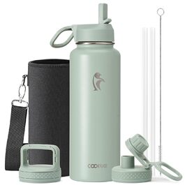 Coolflask Фляга-термос 1,2 л з соломкою, з нержавіючої сталі, 3 кришки, для спорту та офісу, зберігає холод до 48 годин, гаряче - до 24 годин, сіро-зелений колір