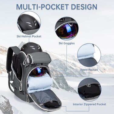 Рюкзак для лиж та сноуборду 50L з кишенями для черевиків, шолома, окулярів, рукавичок та аксесуарів, сірий