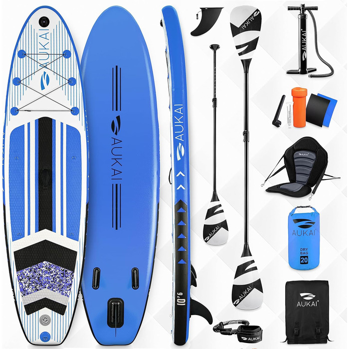 AUKAI SUP Board PRO 320см | Надувний SUP Борд 2в1 з сидінням для каяка | Комплект | 5 років гарантії | Сидіння, кріплення для Action-Cam, насос, блакитний