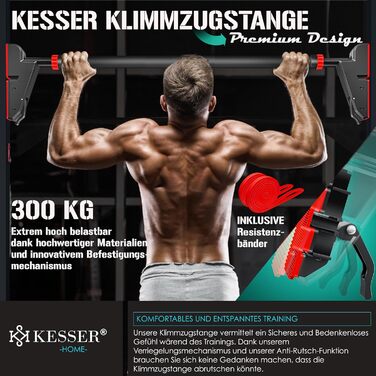 Турнік для дверного отвору KESSER, регульований, без свердління, витримує до 300 кг, з нековзкими ручками та резистентними стрічками, 76-112 см