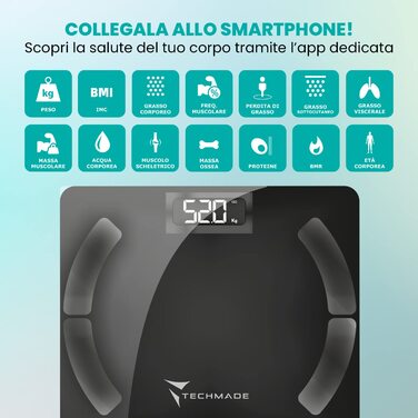 Розумні бездротові ваги-аналізатор жиру та м'язової маси для iOS/Android, чорні