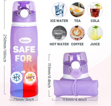 Пляшка для води силіконова складана 750 мл фіолетова - медичний силікон, BPA-free, FDA, для спорту та активного відпочинку