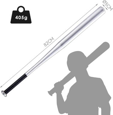 Бейсбольна бита сталева – 82 см, з неслизькою ручкою для спорту, відпочинку та безпеки, міцна та довговічна для дорослих та підлітків (алюміній 405 г, срібна)