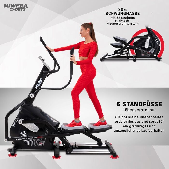 Еліптичний тренажер Miweba Sports MC700 з додатком, електричний орбітрек 30 кг маховик, до 150 кг, домашній ергометр з пульсометром