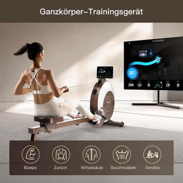 Магнітний гребний тренажер MOBI FITNESS для дому, 40 рівнів опору, 45 кг, безшумний, LED-дисплей, сумісний з Apple Watch та додатком, легке складання