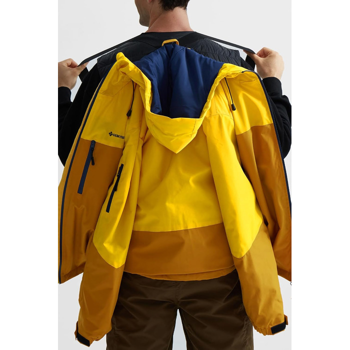 Чоловіча лижна куртка GEMYSE з інтегрованими підтяжками та капюшоном. Тепла водонепроникна зимова куртка-вітрівка для сноубордингу та хайкінгу. Розмір XXL. Кольори: золотисто-жовтий та реальгар-коричневий