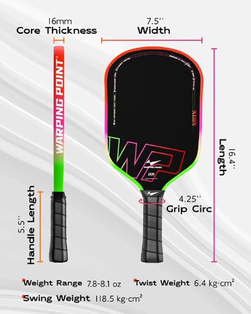 Ракетка для піклболу Warping Point Neon Gen 3, вуглецеве волокно T700, 16 мм EdgeFusion Core, термоформована, UPA-схвалена, для гравців рівня 3.5–4.0, градієнт (зелений, фіолетовий, помаранчевий)