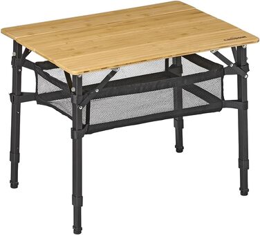 Зручний складаний садовий/кемпінговий столик Campout з бамбуковою полицею (65x50x65 см), 3 положення висоти, з сумкою