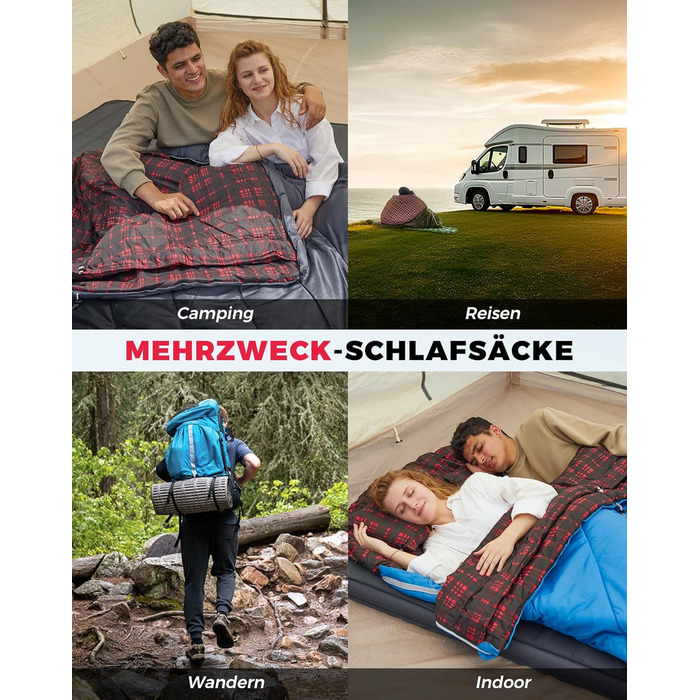 Сплячий мішок KingCamp для 2 осіб з фланелі, зимовий, 3-4 сезони, з подушками, для кемпінгу та відпочинку на природі (сірий)