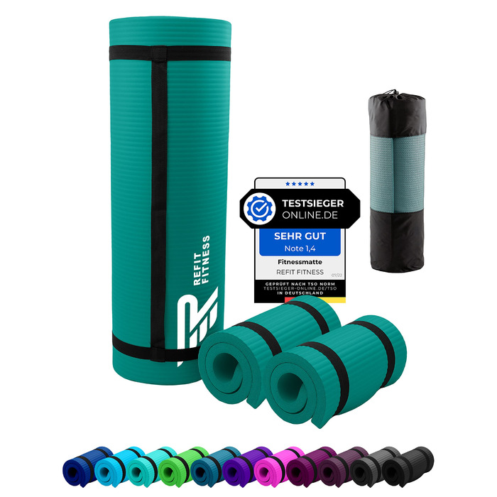 REFIT Premium NBR фітнес-мат/йога-мат 190 x 60 x 1,5 см - з можливістю додавання підкладки для йоги 25 x 61 x 1,5 см - захисні фітнес-подушки для колін - з ремінком та сумкою для перенесення - екологічна мат без фталатів, моховий колір 190x60x1.0